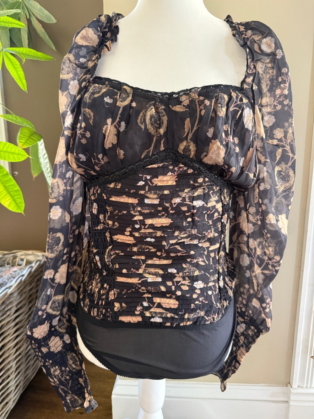 Free People Black Blush Floral Smocked Corset Bodysuit